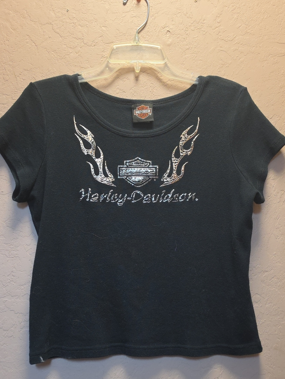 HARLEY DAVIDSON Sz XL Black Ladies Sh. Sl. Tee W/Metallic Flame Logo EUC #2625